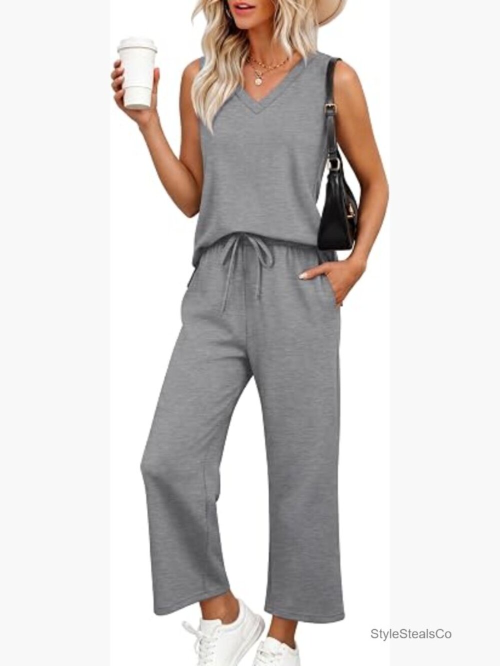 Two Piece Lounge Set - V Neck Tank Top & Wide Leg Pants